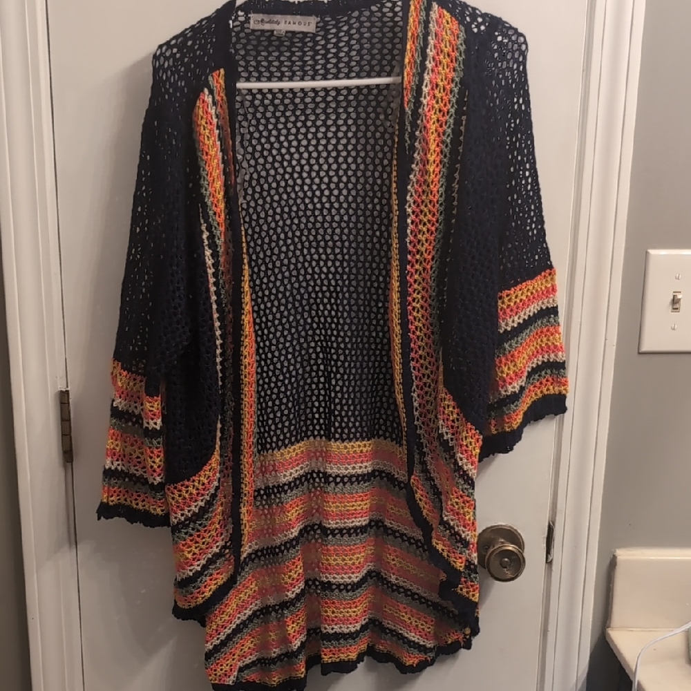 New Absolutely Famous Crochet Cardigan Rainbow Bell Sleeve Large Beach Boho